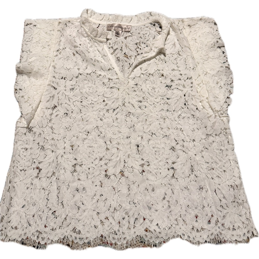 Catherine Malandrino White Floral Lace Flutter Sleeve V-Neck Top Large